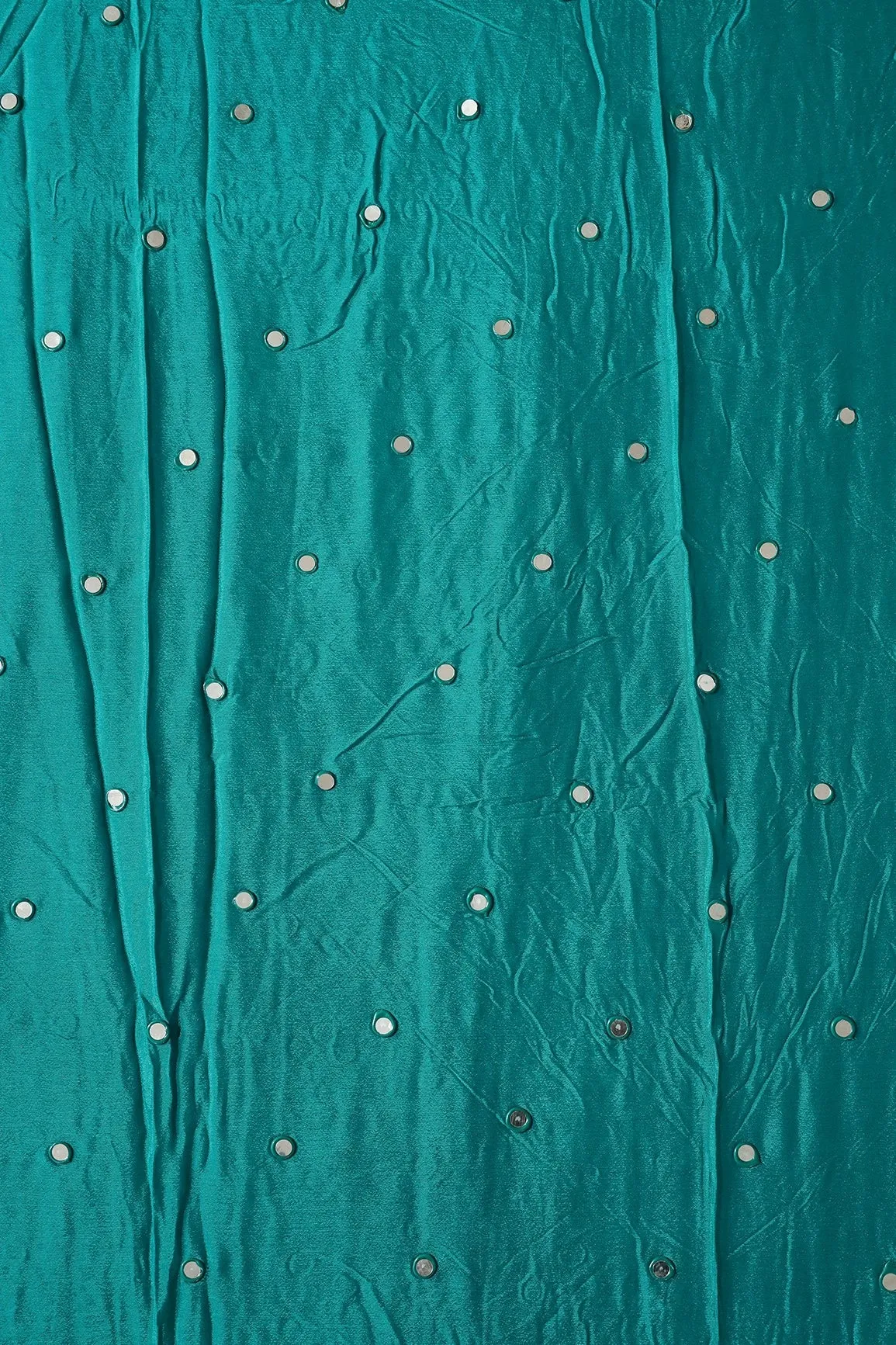 1.50 Meter Cut Piece Of Real Mirror Embroidery Work On Dark Turquoise Viscose Chinnon Chiffon Fabric