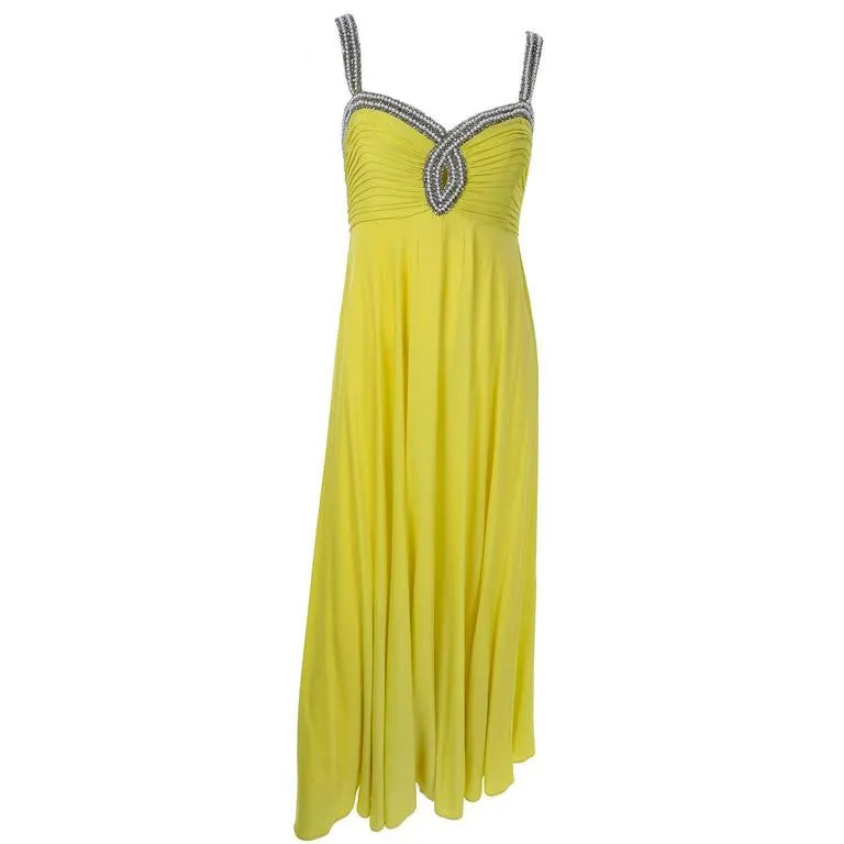 1960s Beaded Keyhole Dress in Chartreuse Silk Evening Gown w/ Shawl