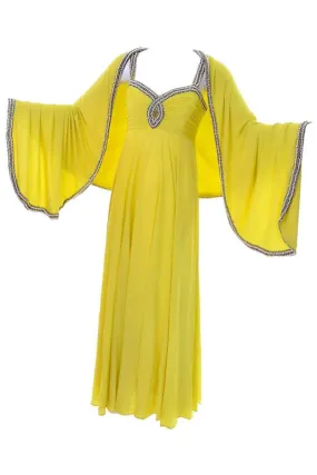 1960s Beaded Keyhole Dress in Chartreuse Silk Evening Gown w/ Shawl