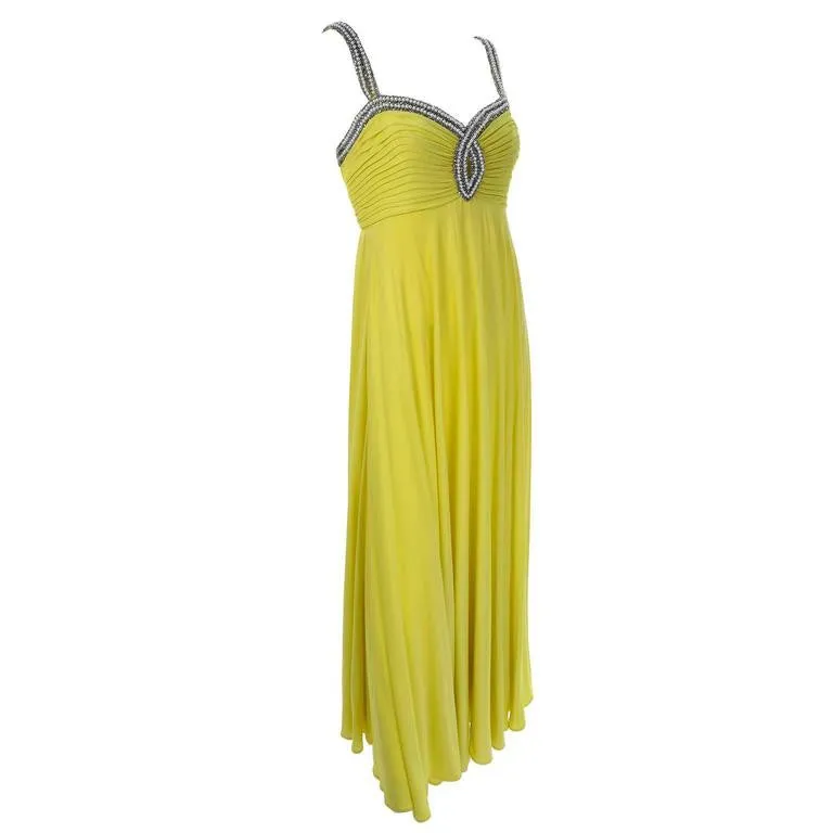 1960s Beaded Keyhole Dress in Chartreuse Silk Evening Gown w/ Shawl