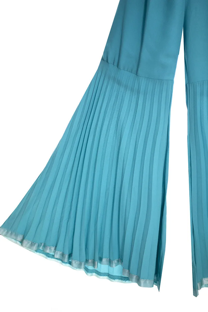 1960s Vintage Blue Wide Leg Pleated Palazzo Statement Pants