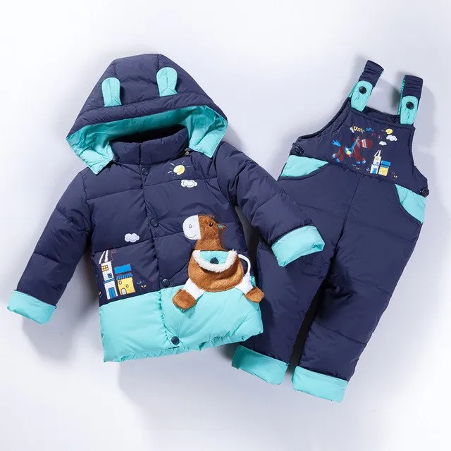 2018 New kids winter suits horse Children's boys girls duck down Outerwear&Coats bib down pants 2pcs