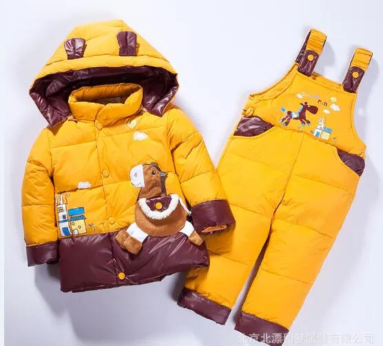 2018 New kids winter suits horse Children's boys girls duck down Outerwear&Coats bib down pants 2pcs