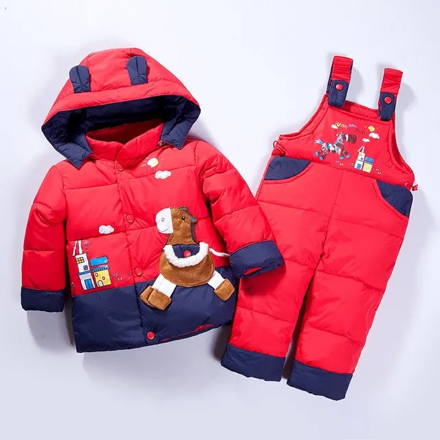 2018 New kids winter suits horse Children's boys girls duck down Outerwear&Coats bib down pants 2pcs