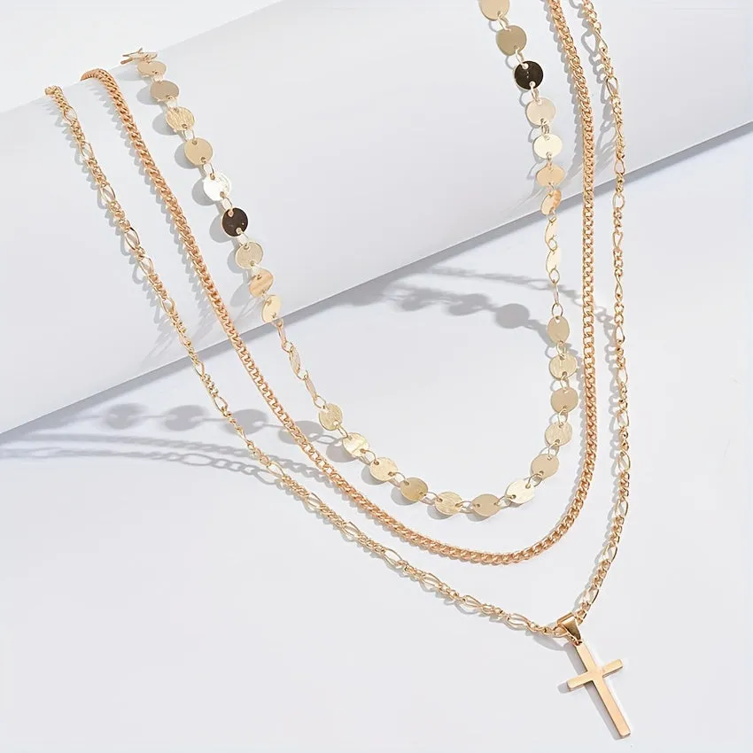 2pcs Cross & Round Disc Pendant Necklace