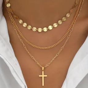 2pcs Cross & Round Disc Pendant Necklace