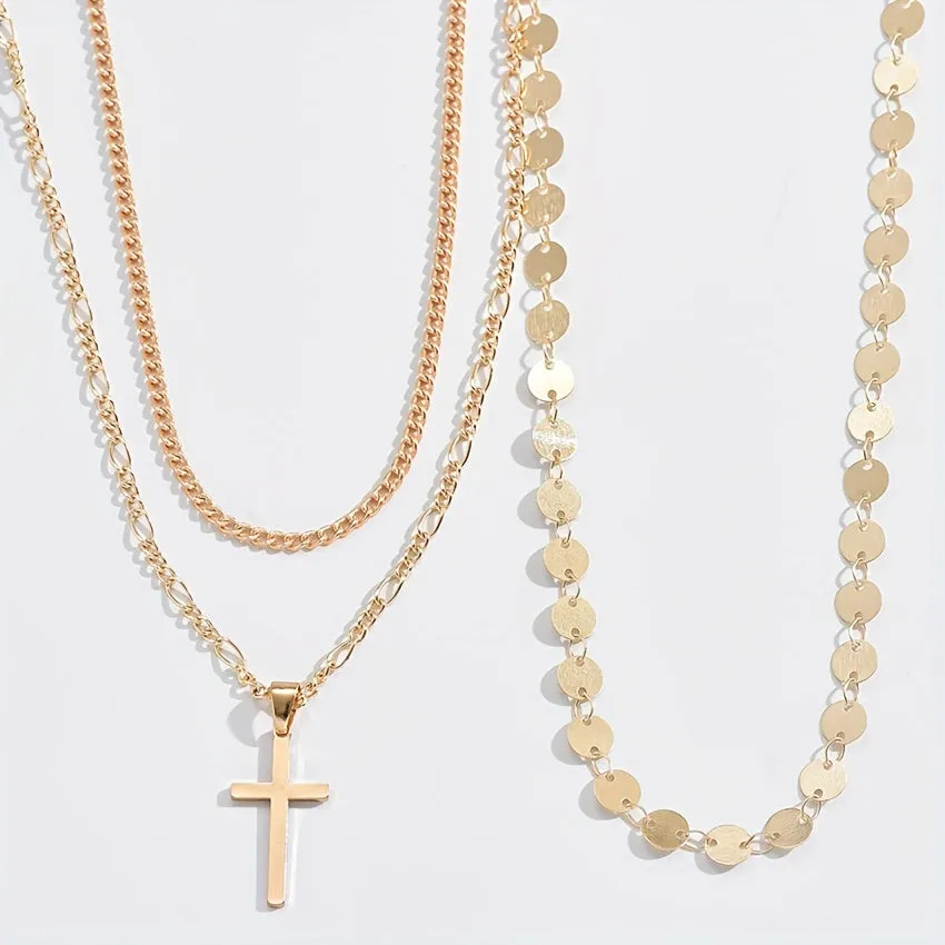 2pcs Cross & Round Disc Pendant Necklace