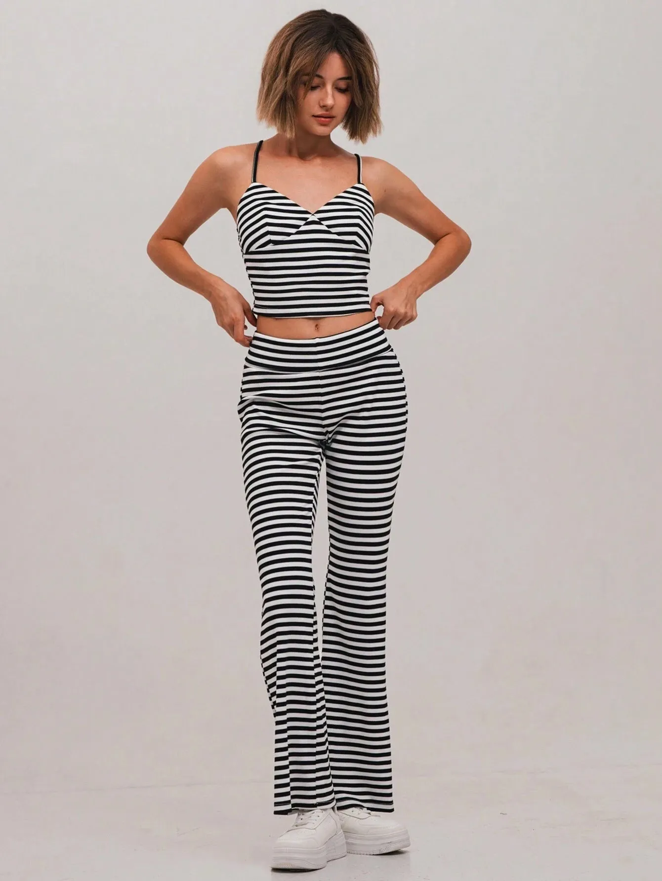 2pcs Women's Fitted Striped Camisole And Low-Waist Bell-Bottom Pants Set