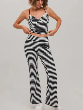 2pcs Women's Fitted Striped Camisole And Low-Waist Bell-Bottom Pants Set