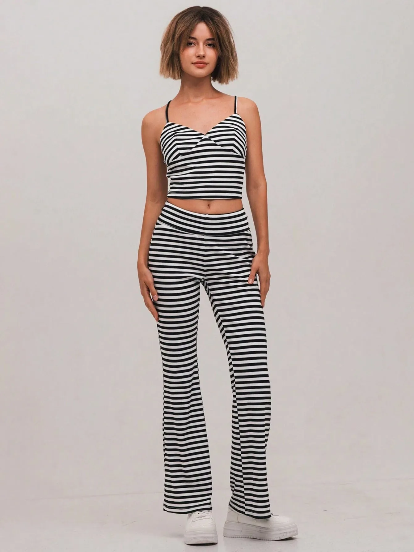 2pcs Women's Fitted Striped Camisole And Low-Waist Bell-Bottom Pants Set