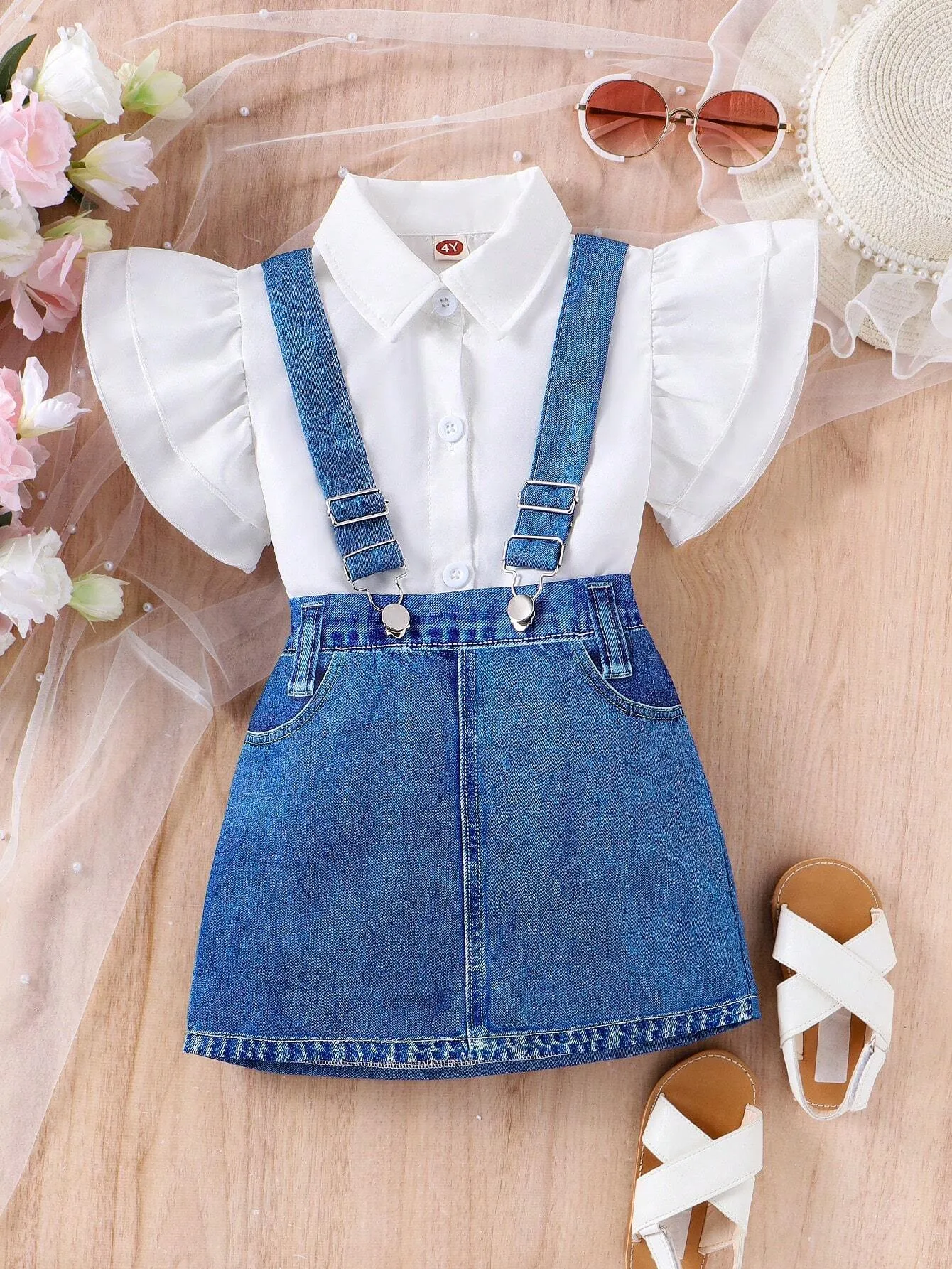 2pcs Young Girl Fashionable Batwing Sleeve Top And Half-Length Denim Overalls Skirt Set For Summer