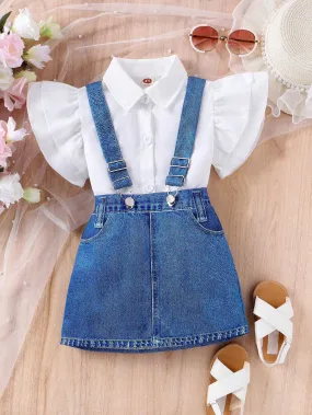 2pcs Young Girl Fashionable Batwing Sleeve Top And Half-Length Denim Overalls Skirt Set For Summer