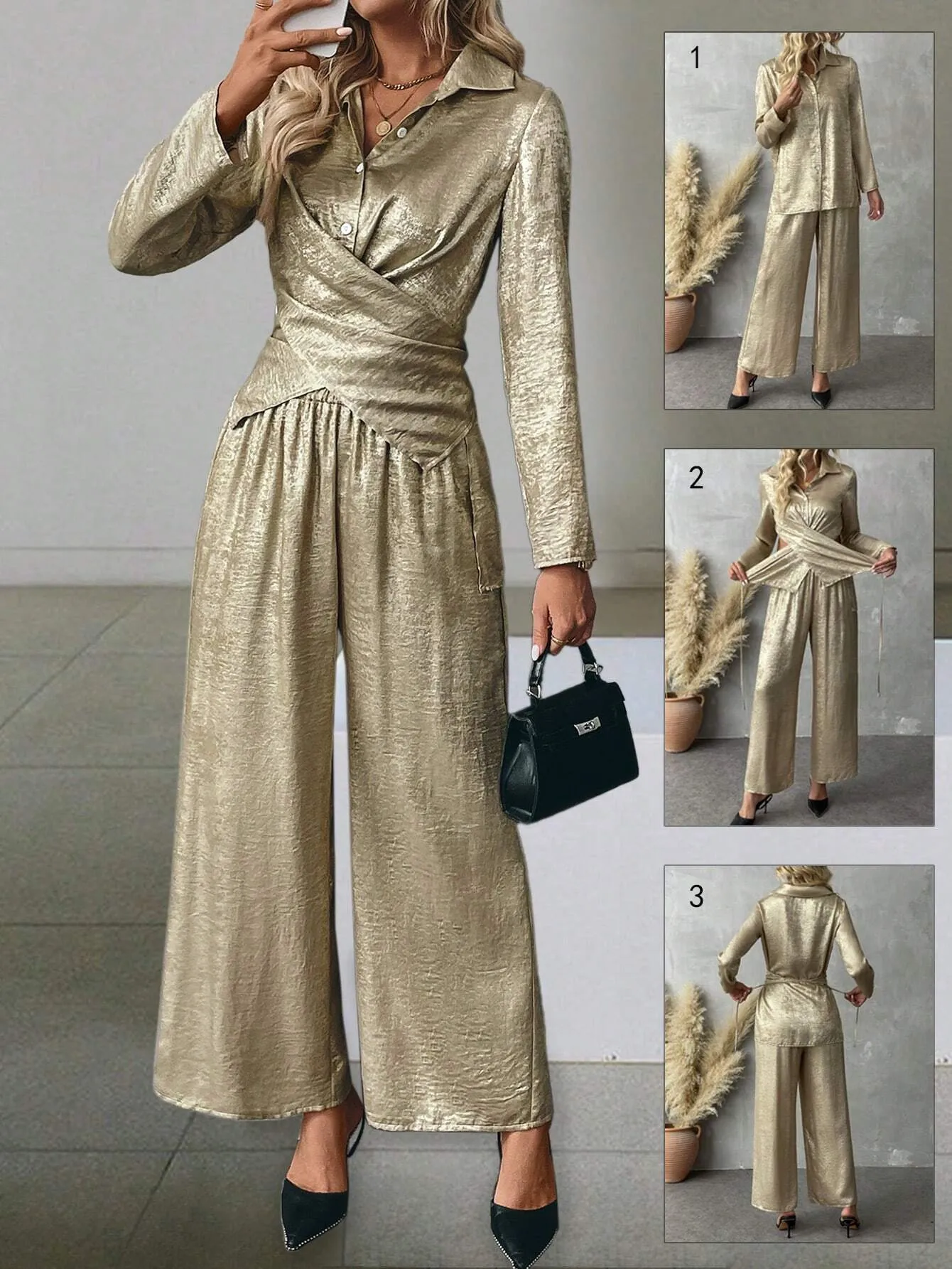 2pcs/Set Casual & Elegant Women's Blouse With Collar, Long Sleeve, Cross Waistline Design Plus Wide Leg Pants, Autumn