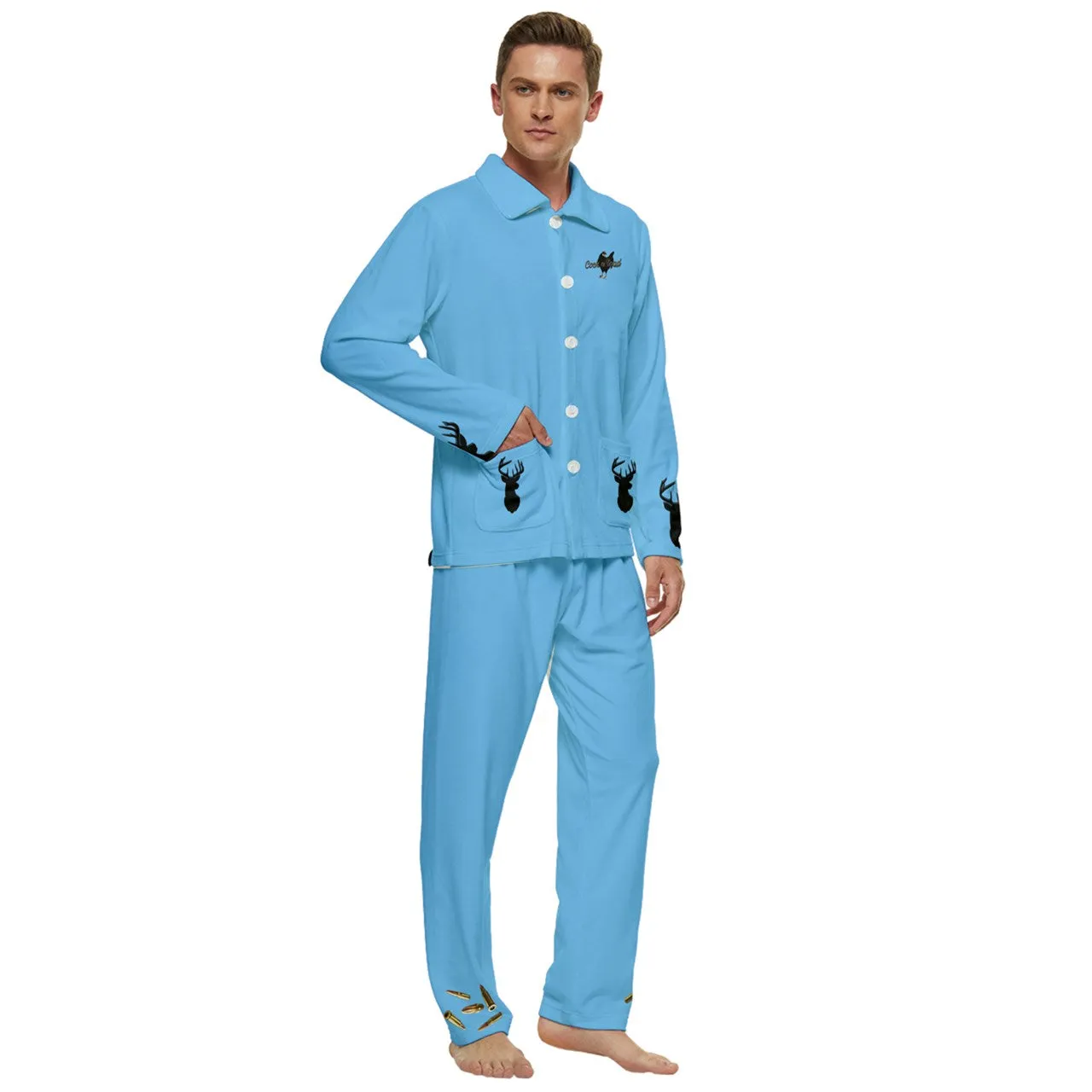 #400 cocknload blue deerDC945F98-49AA-40CB-A743-651729C1664C Men's Long Sleeve Velvet Pocket Pajamas Set