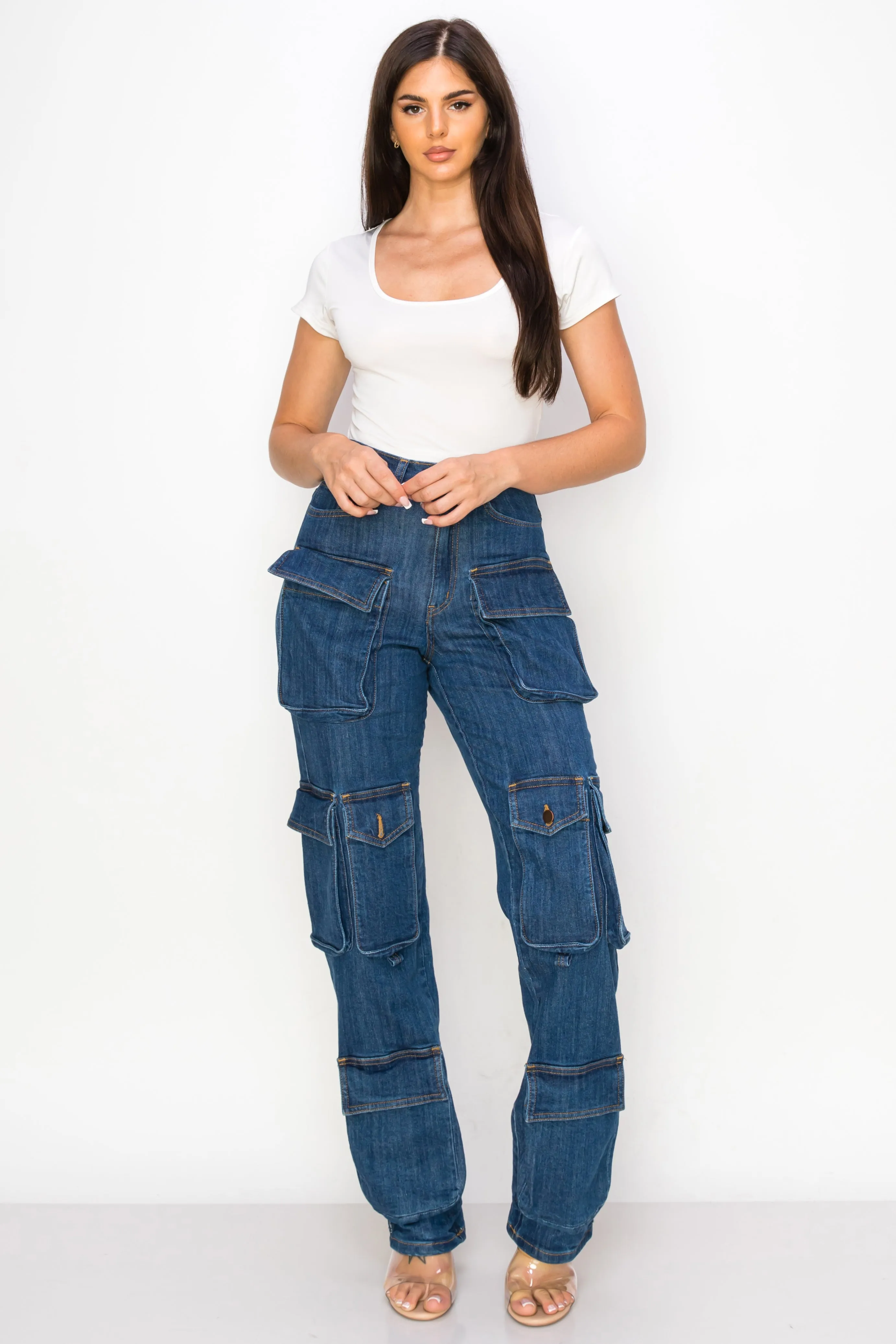 40454 Women's High Rise Cargo Denim Pants W/ Extra Pockets