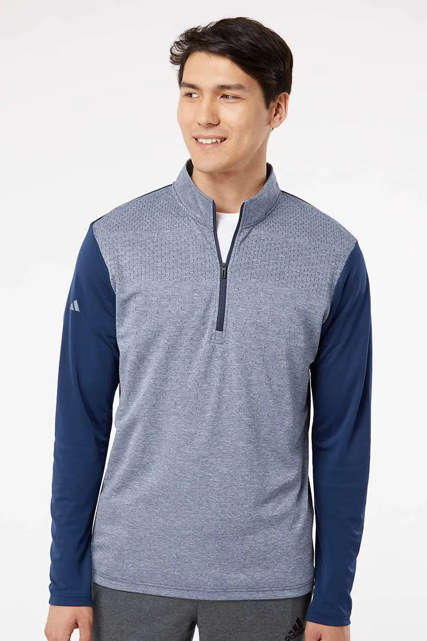 Adidas Mens Heather Block Print Moisture Wicking 1/4 Zip Sweatshirt - Collegiate Navy Blue Melange/Navy Blue/Grey - NEW