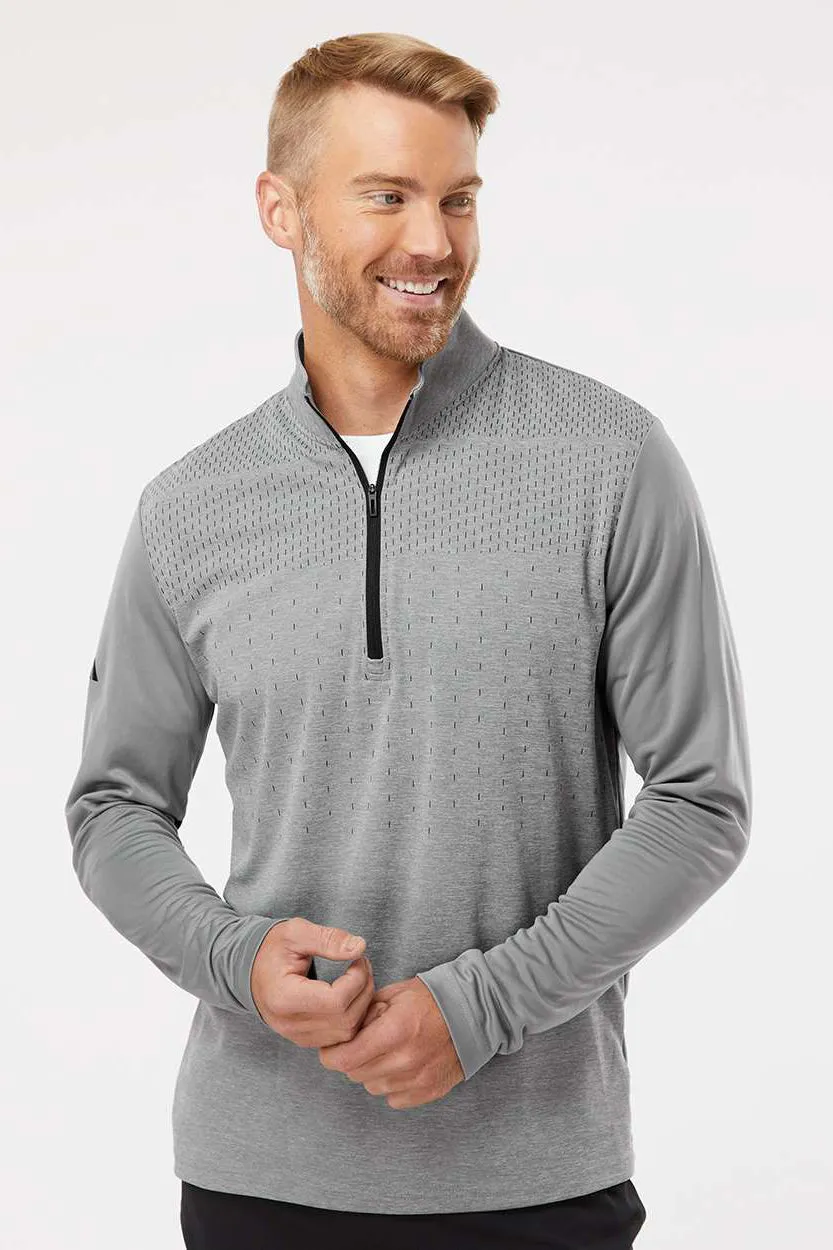 Adidas Mens Heather Block Print Moisture Wicking 1/4 Zip Sweatshirt - Grey Melange/Grey/Black - NEW