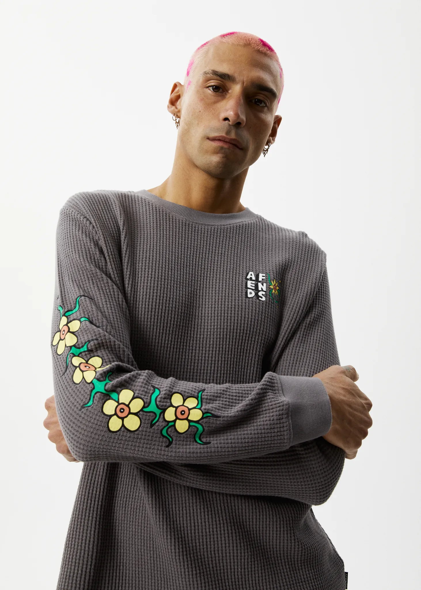 AFENDS Mens Flowerbed - Waffle Long Sleeve T-Shirt - Steel