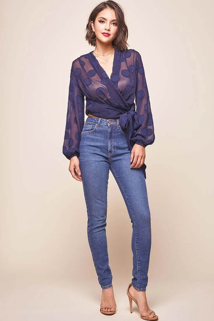 After Hours Sheer Wrap Blouse Navy