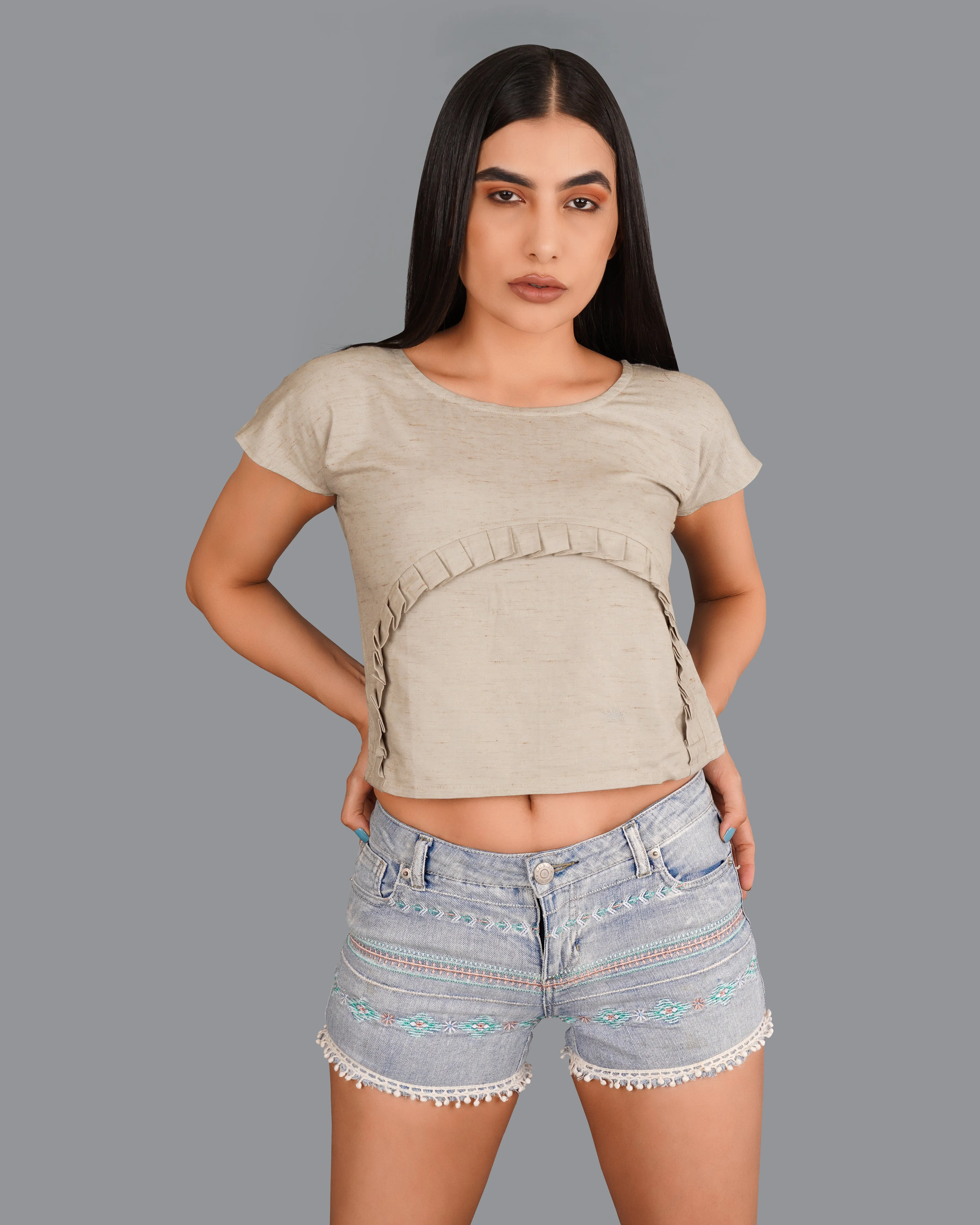 Amber Brown Crop With Pleated Premium Cotton Top