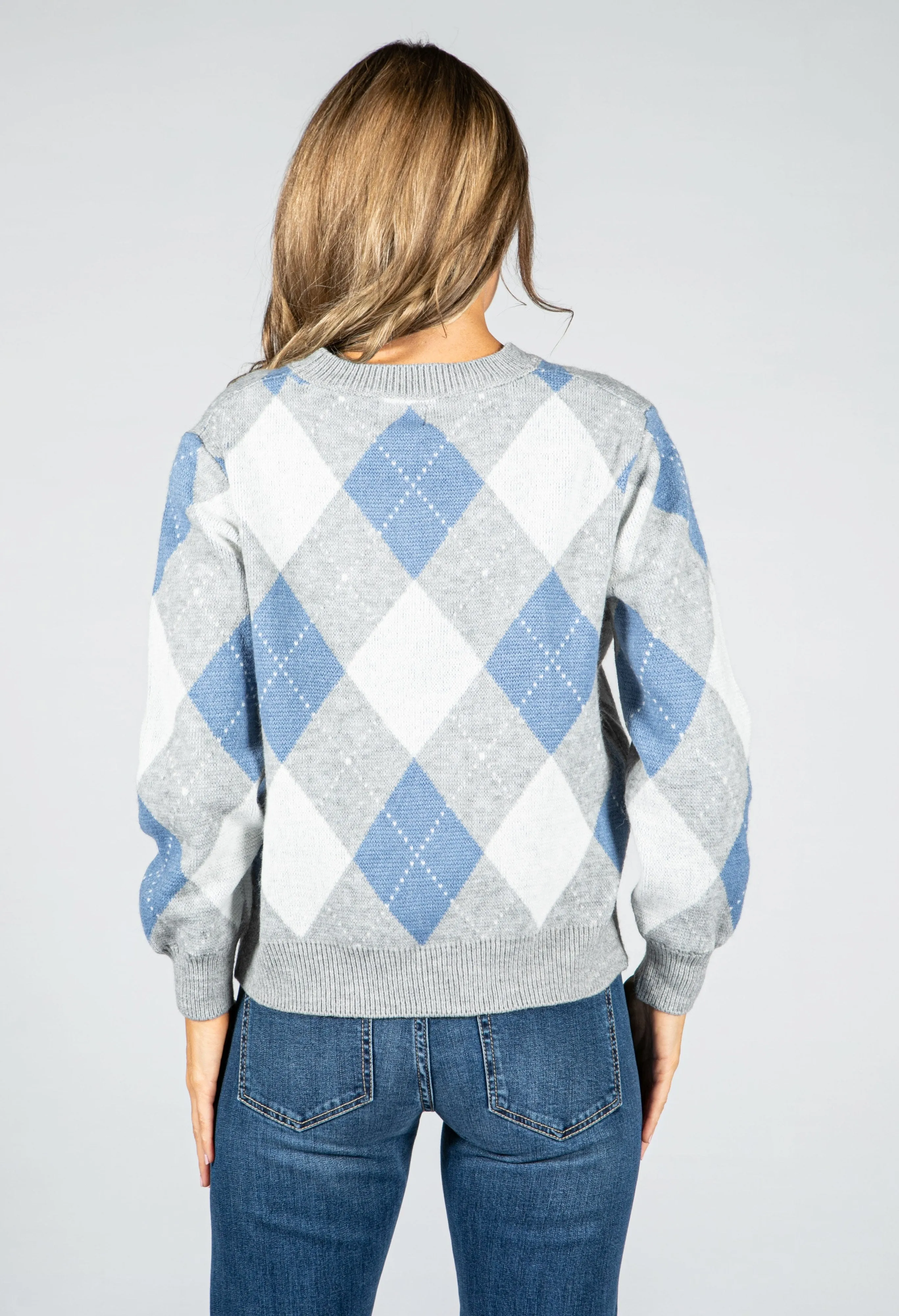 Argyle Knit Jumper in Grey & Powder Blue