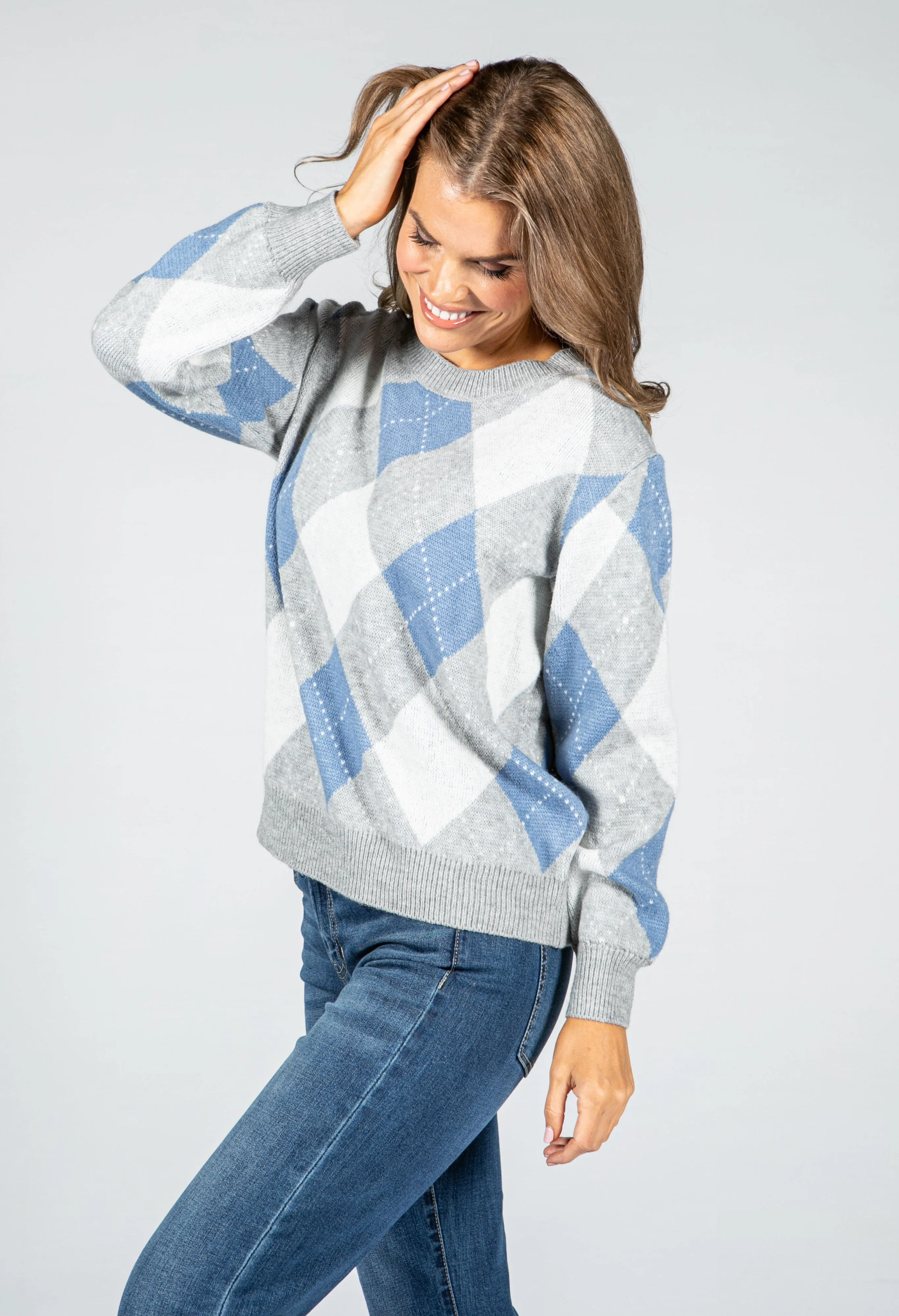 Argyle Knit Jumper in Grey & Powder Blue