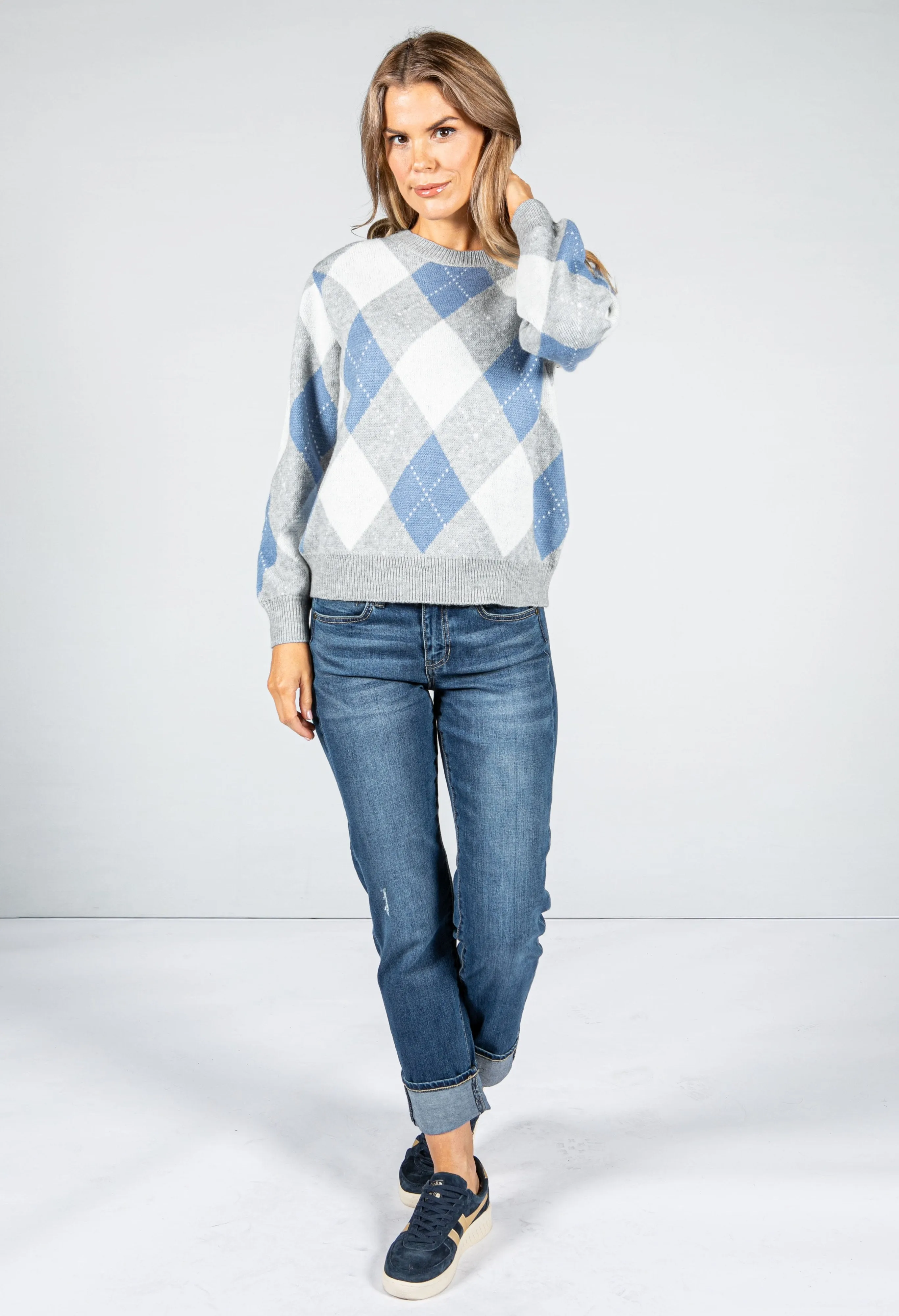 Argyle Knit Jumper in Grey & Powder Blue