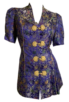 Asian Blue and Yellow Floral Embroidered Silk Puffed Sleeve Jacket circa 1930s