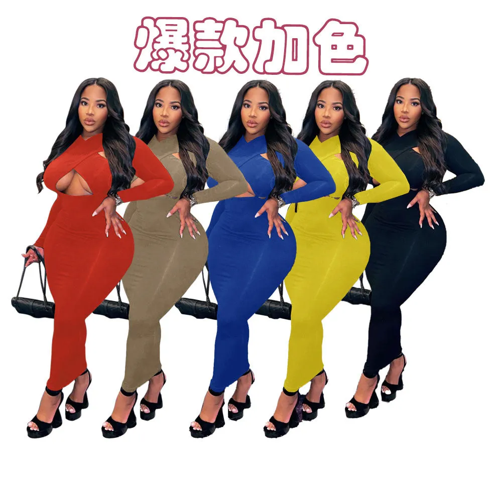 autumn and winter clothing cross-wrapped long-sleeved solid color casual fashion dress ladies plus size women's clothing