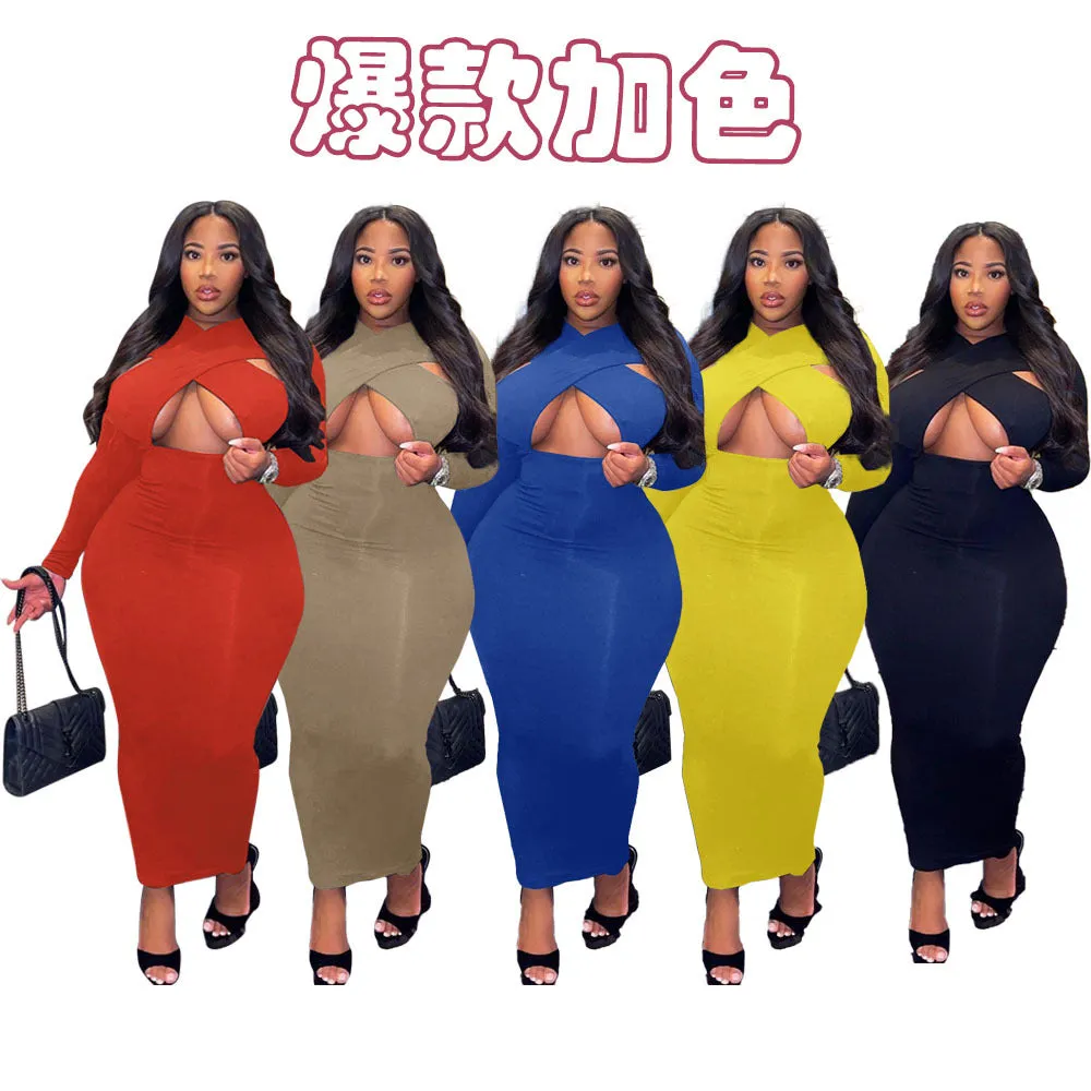 autumn and winter clothing cross-wrapped long-sleeved solid color casual fashion dress ladies plus size women's clothing