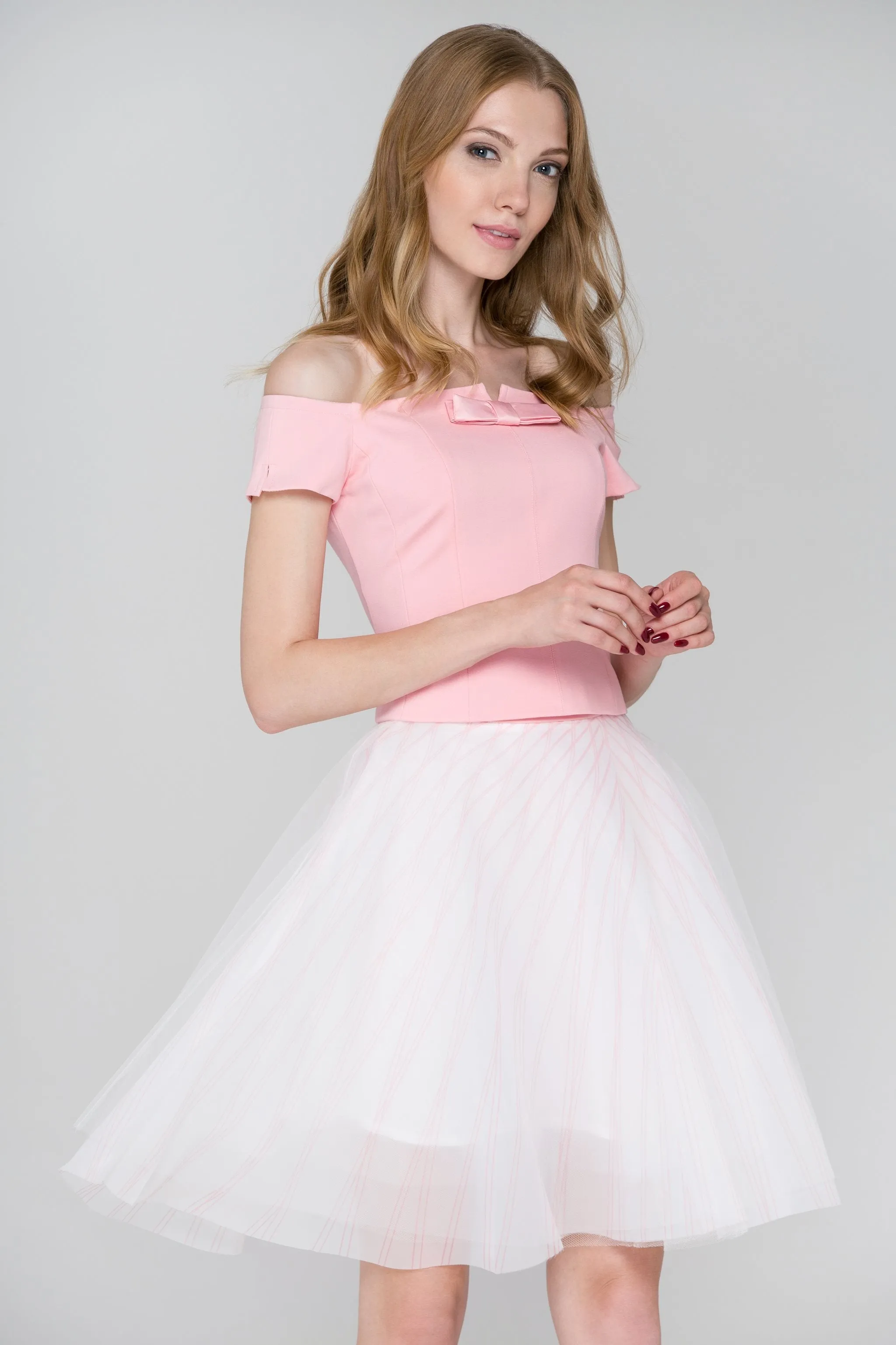 Baby Pink Off-the-Shoulder Two Piece Dress