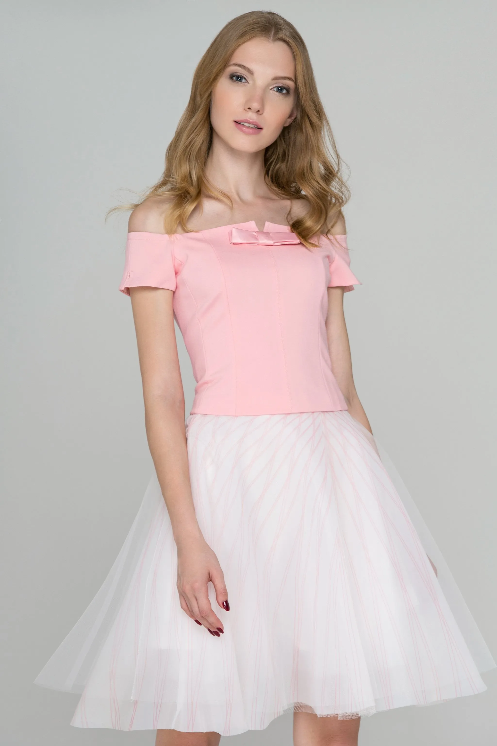 Baby Pink Off-the-Shoulder Two Piece Dress