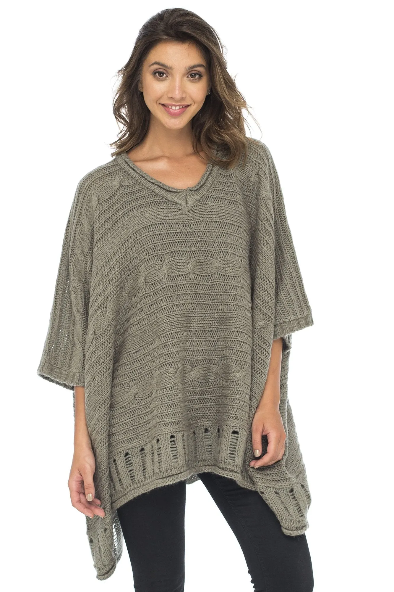 Back From Bali Womens Knit Poncho Sweater Cape V-Neck Soft Boho Tunic Shawl with Sleeves