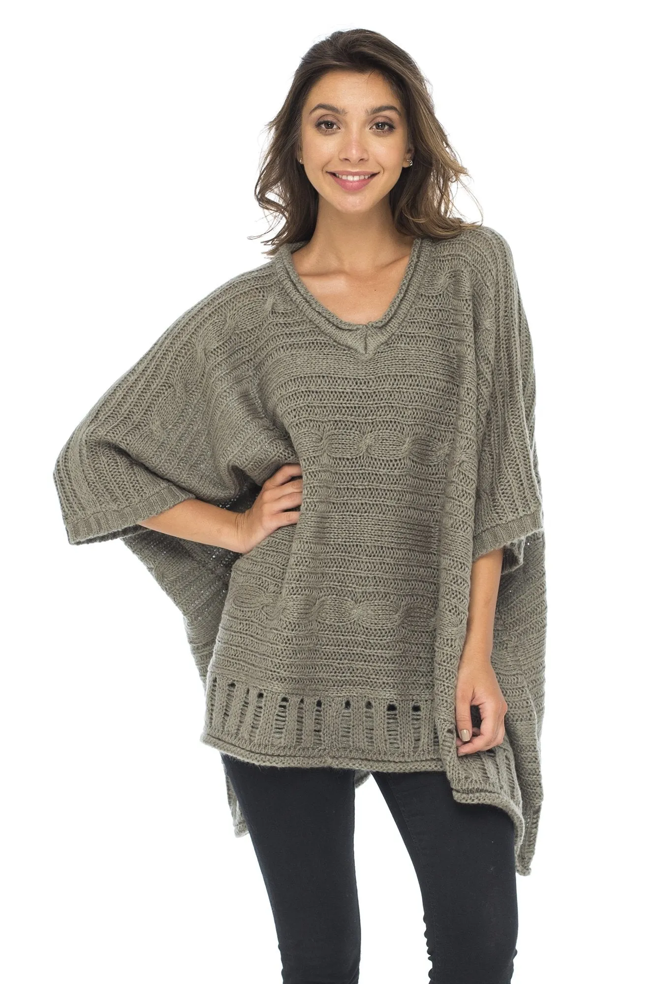 Back From Bali Womens Knit Poncho Sweater Cape V-Neck Soft Boho Tunic Shawl with Sleeves