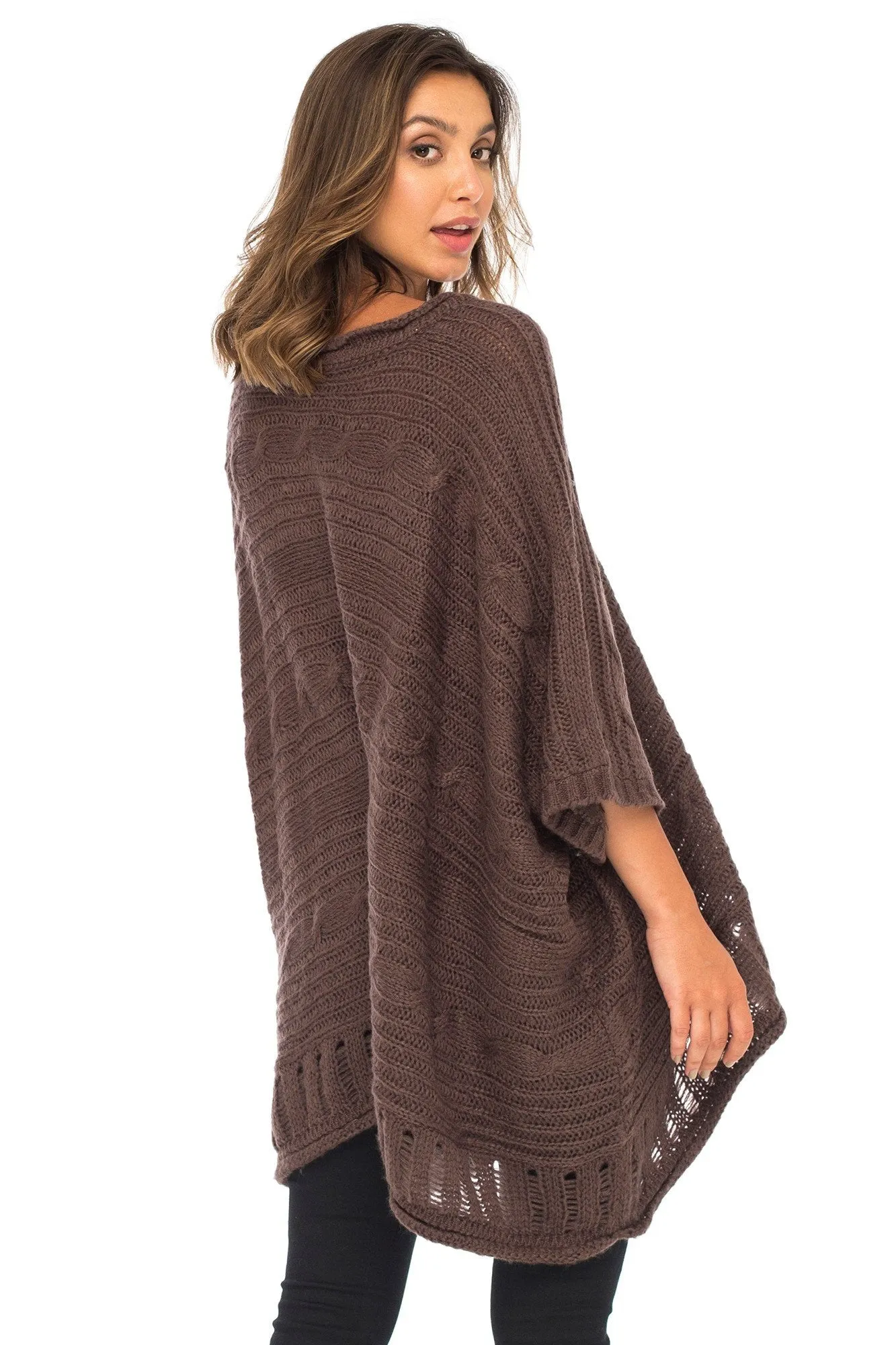 Back From Bali Womens Knit Poncho Sweater Cape V-Neck Soft Boho Tunic Shawl with Sleeves