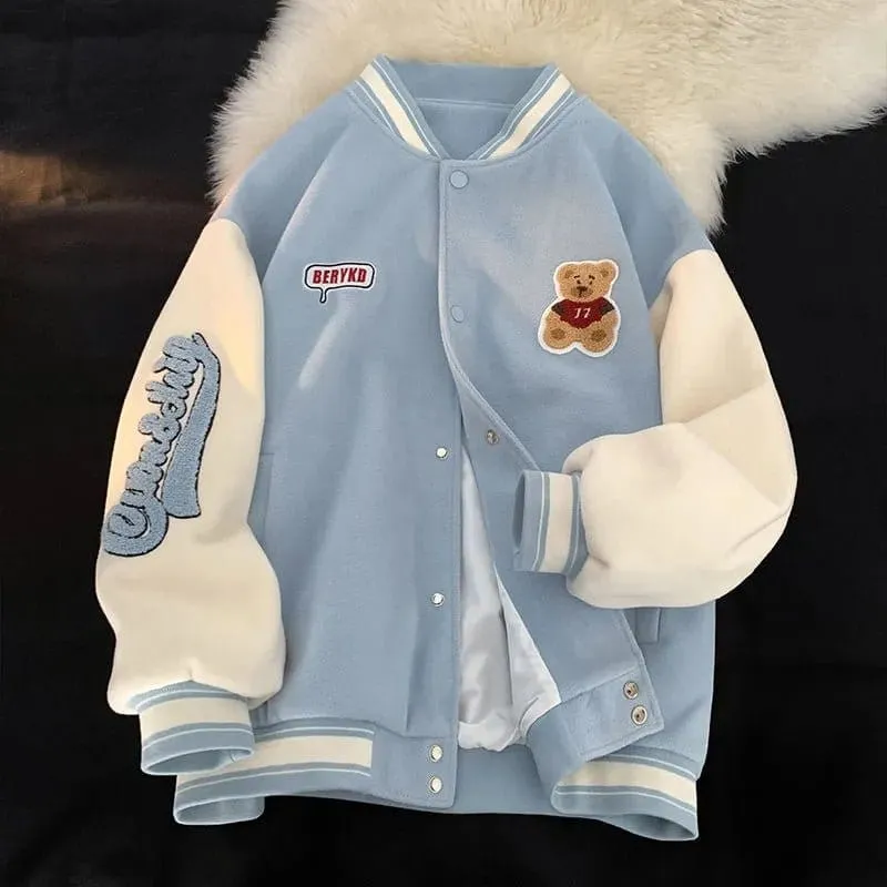 Bear embroidered baseball jacket