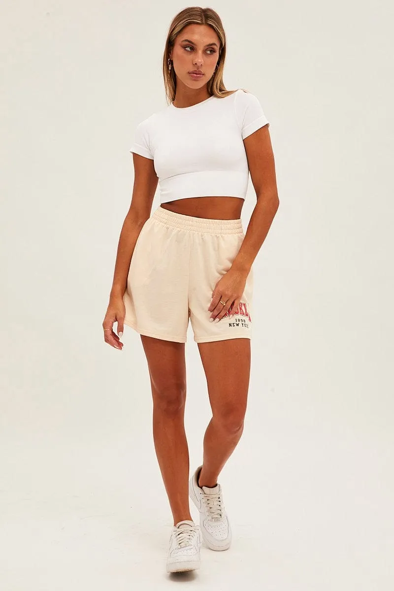 Beige Elastic Waist Biker Track Shorts