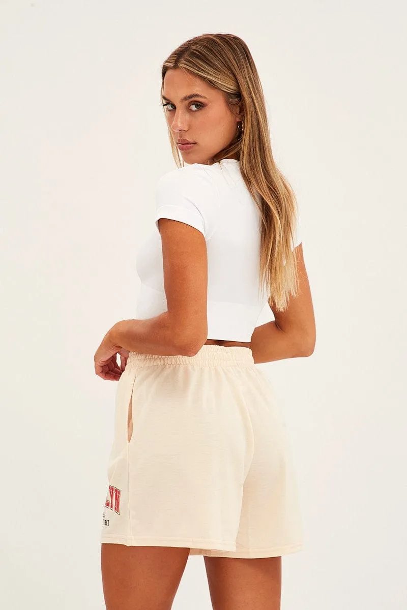 Beige Elastic Waist Biker Track Shorts