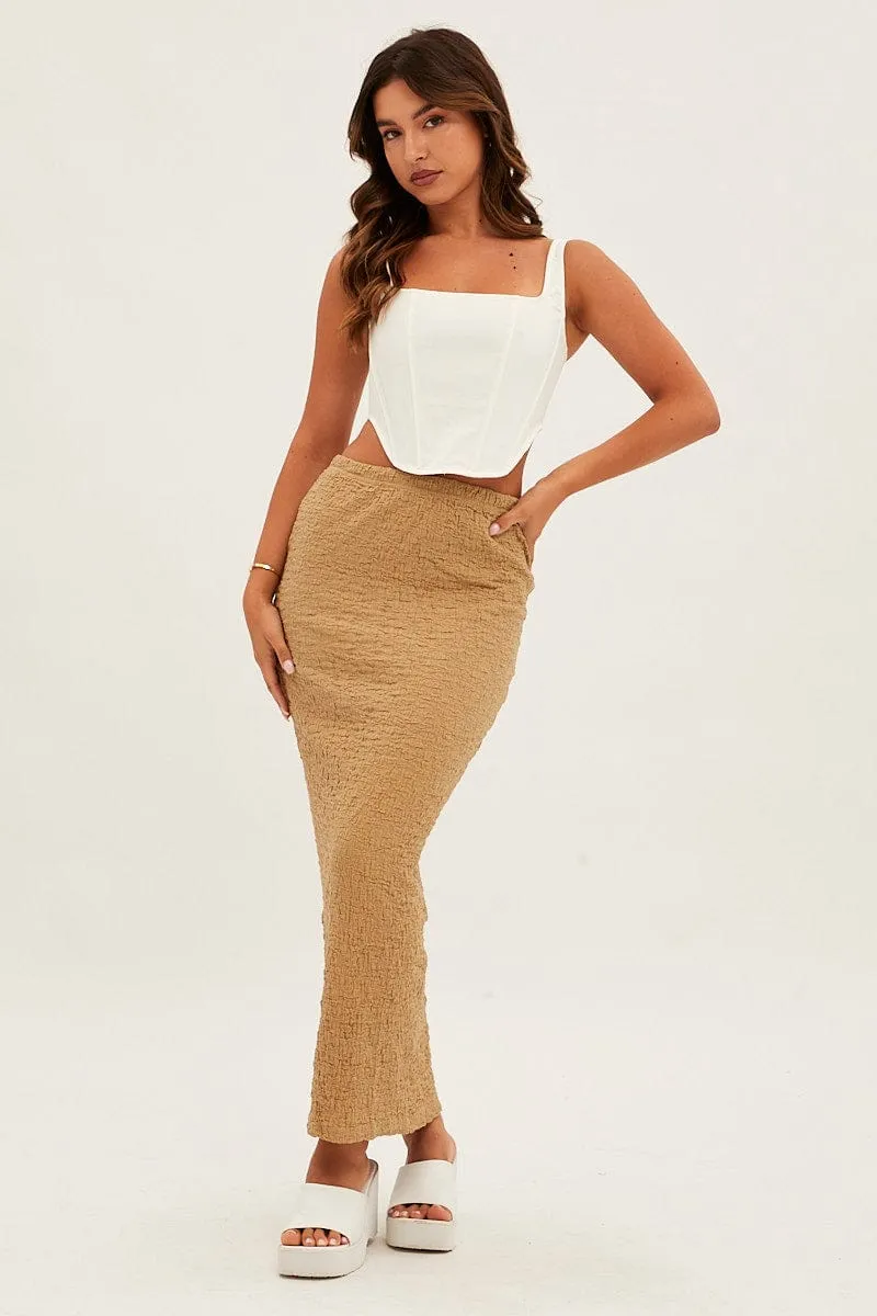 Beige Midi Skirt Elastic Waist Textured