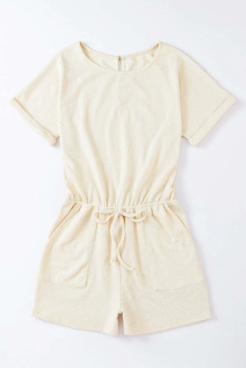 Beige Ribbed Elastic Waist Romper