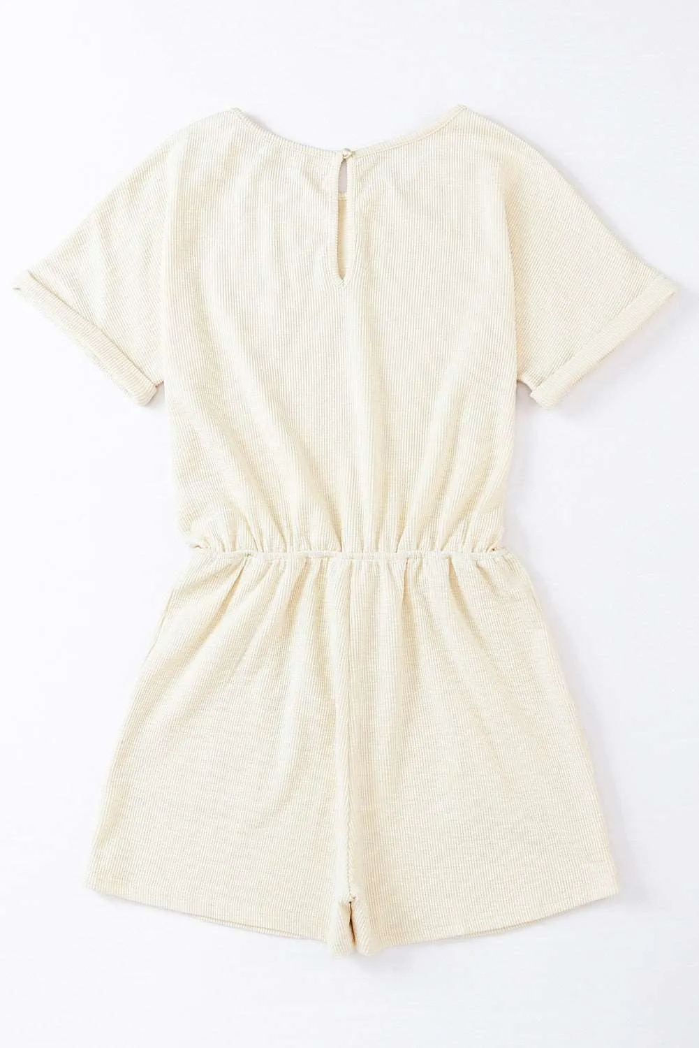 Beige Ribbed Elastic Waist Romper