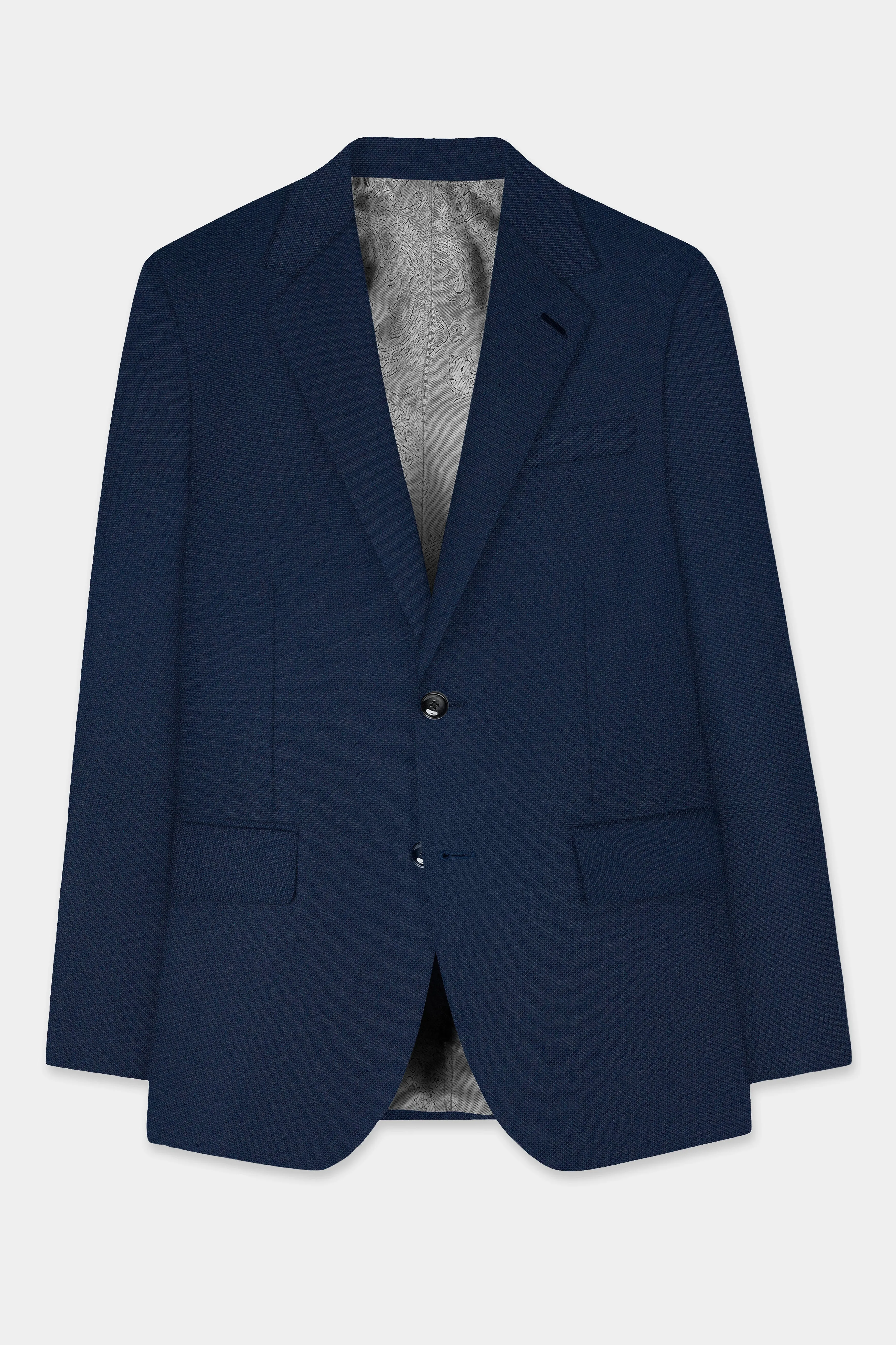 Big Stone Blue Textured Wool Blend Single Breasted Blazer