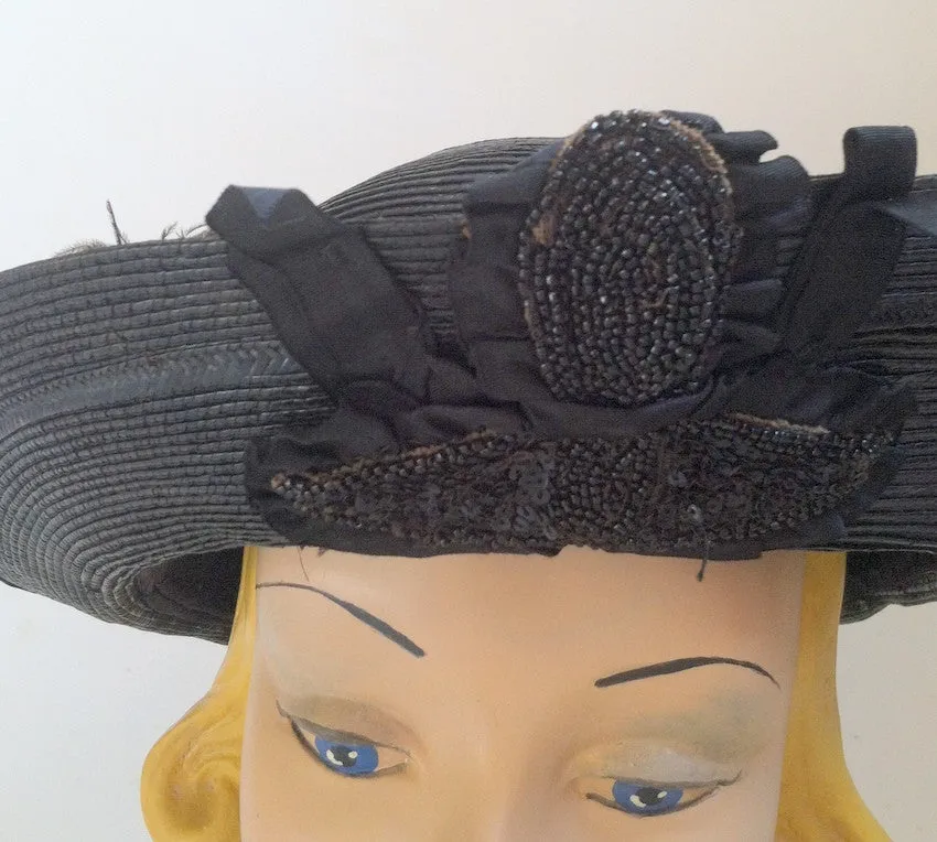 Black Curved Brim Hat w/ Jet Beading and Feather Plume circa Early 1900s