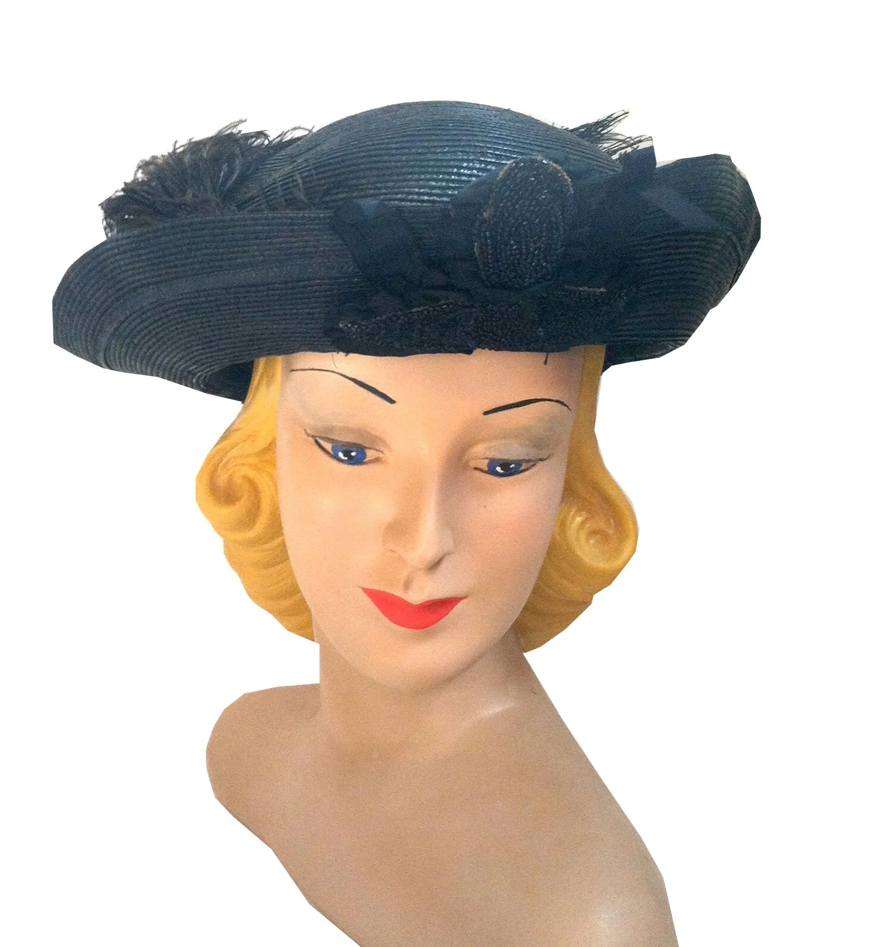 Black Curved Brim Hat w/ Jet Beading and Feather Plume circa Early 1900s