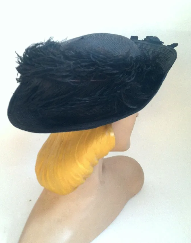 Black Curved Brim Hat w/ Jet Beading and Feather Plume circa Early 1900s