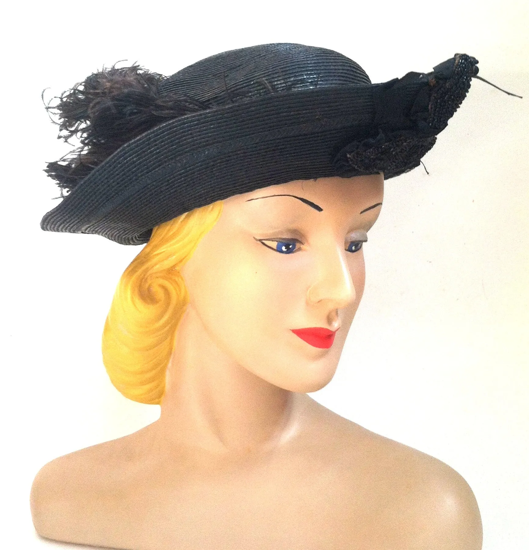 Black Curved Brim Hat w/ Jet Beading and Feather Plume circa Early 1900s