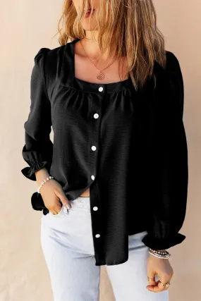 Black Flounce Sleeve Square Neck Button-Up Shirt