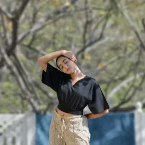 Black Handwoven Cotton Smocked Waist Crop-Top with Beige-Printed Harem Pant Combo | Athleisure Wear Combo for Women