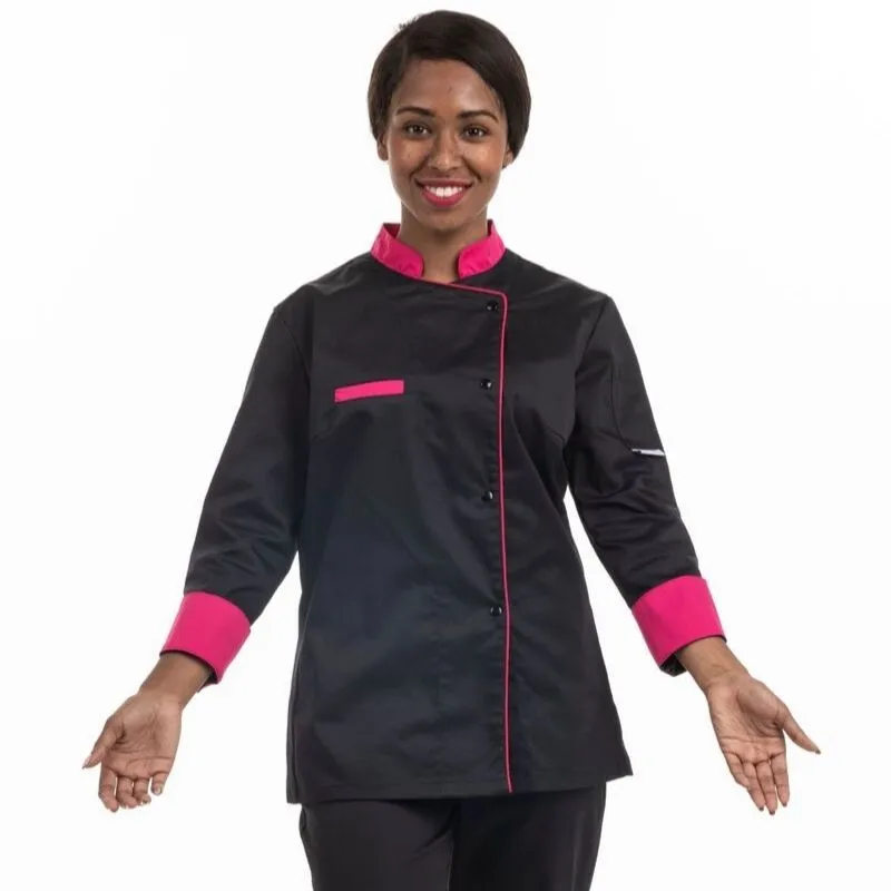 Black Kitchen Coat with Pink Piping Short Sleeve - MANELLI