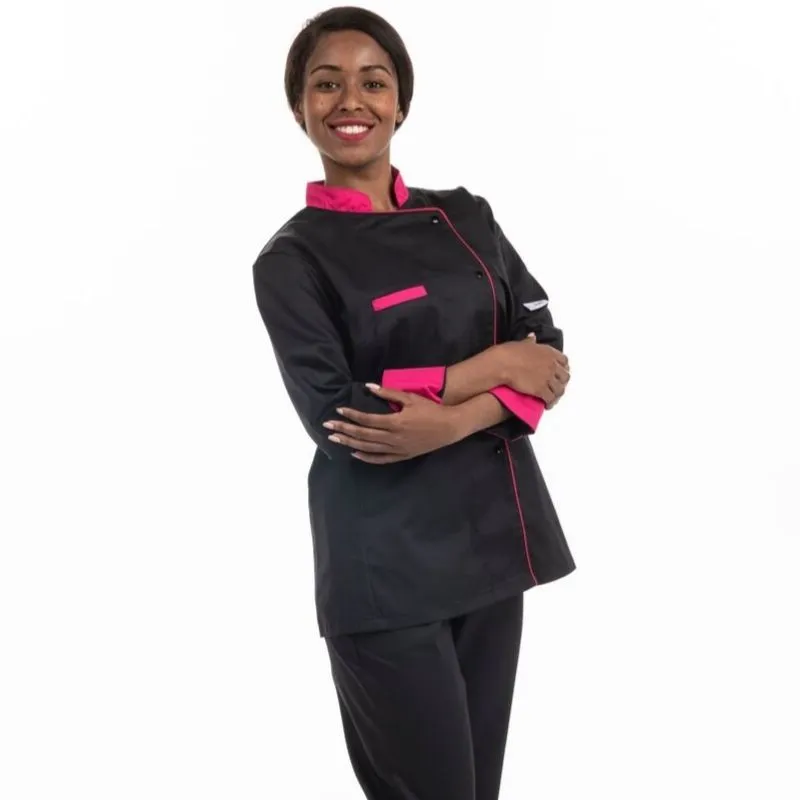 Black Kitchen Coat with Pink Piping Short Sleeve - MANELLI